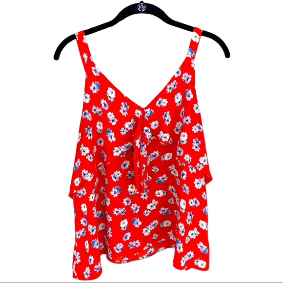Eyeshadow | Red Floral Tank w/ Flutter Ruffle Detail & Front Tie | Size XL - Picture 2 of 3